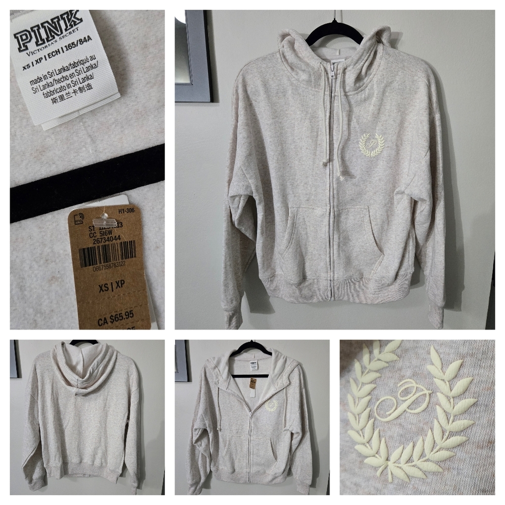 Victoria's Secret PINK full Zip Lounge Hoodie,  XS, NWT Oatmeal
